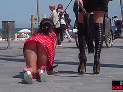 Busty sub babe naked outdoor in public on mistress command