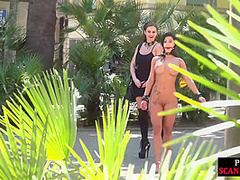 Busty sub babe naked outdoor in public on mistress command