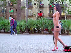 Busty sub babe naked outdoor in public on mistress command