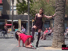 Busty sub babe naked outdoor in public on mistress command