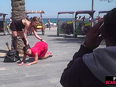 Busty sub babe naked outdoor in public on mistress command