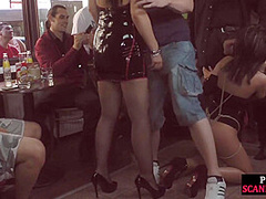 Submissive useless babe in high heels deepthroats in public