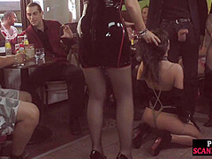 Submissive useless babe in high heels deepthroats in public