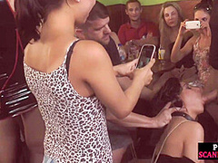 Submissive useless babe in high heels deepthroats in public