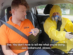 Masked n uniformed babe car fucked outdoor by driving tutor