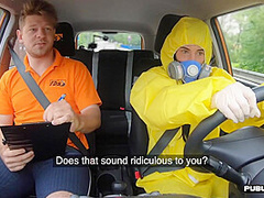 Masked n uniformed babe car fucked outdoor by driving tutor