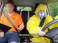 Masked n uniformed babe car fucked outdoor by driving tutor