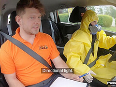 Masked n uniformed babe car fucked outdoor by driving tutor