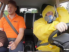 Masked n uniformed babe car fucked outdoor by driving tutor
