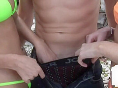 Small cock dude 3some wanked outdoor by dom bikini teens
