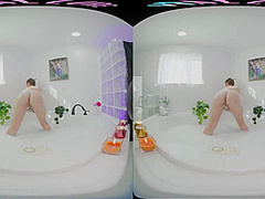 Naturally busty babe plays with her toys while in a bubble bath in VR