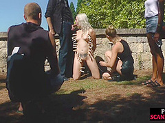 Public deepthroating slut shows public nudity outdoor
