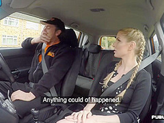 Driving student MILF public fucked outdoor in car by tutor