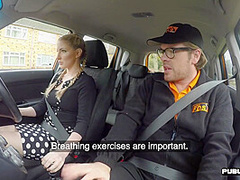 Driving student MILF public fucked outdoor in car by tutor