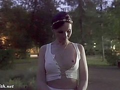 Jeny Smith tests her new suit. Flashing in public