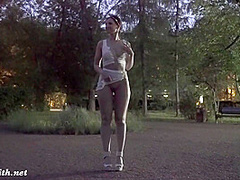 Jeny Smith tests her new suit. Flashing in public