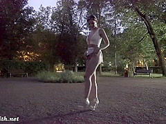 Jeny Smith tests her new suit. Flashing in public