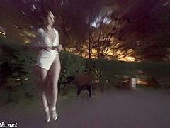 Jeny Smith tests her new suit. Flashing in public