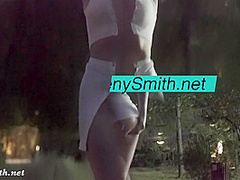 Jeny Smith tests her new suit. Flashing in public