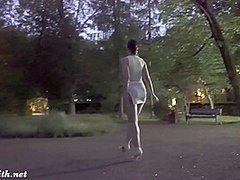 Jeny Smith tests her new suit. Flashing in public