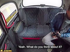 Cab driver fake boobs MILF outdoor fucked and licked in car