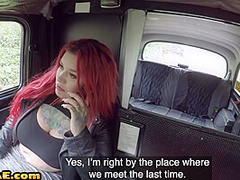 Redhead busty slut pussy and tits fucked in the cab outdoor