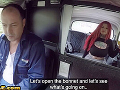 Redhead busty slut pussy and tits fucked in the cab outdoor