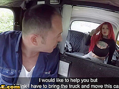 Redhead busty slut pussy and tits fucked in the cab outdoor