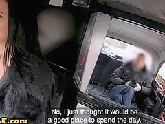 Taxi driver busty pierced whore MILF fucked in cab outdoor