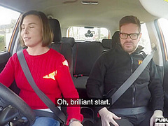 Big titted brunette fucked by instructor in the car in POV