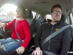 Big titted brunette fucked by instructor in the car in POV