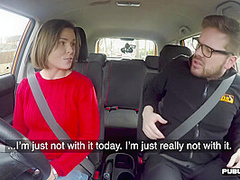 Big titted brunette fucked by instructor in the car in POV