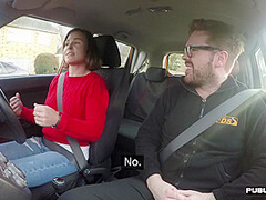 Big titted brunette fucked by instructor in the car in POV