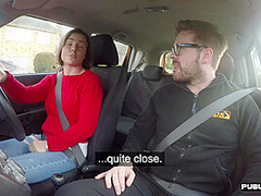 Big titted brunette fucked by instructor in the car in POV