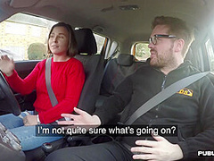 Big titted brunette fucked by instructor in the car in POV