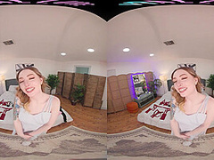 Adorable blonde masturbates in lingerie in virtual reality