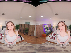 Adorable blonde masturbates in lingerie in virtual reality