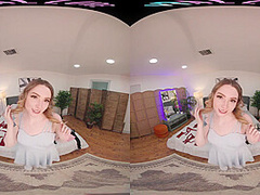 Adorable blonde masturbates in lingerie in virtual reality