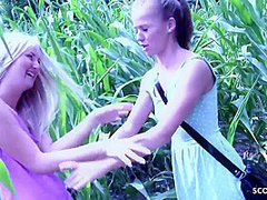 Cute Girl Tricked Skinny Classmate To Lesbian Public Sex On