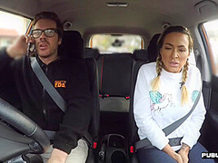 Busty MILF public fucked in car outdoor by driving tutor