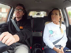 Busty MILF public fucked in car outdoor by driving tutor