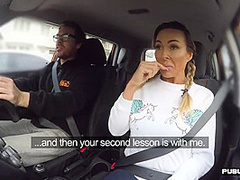 Busty MILF public fucked in car outdoor by driving tutor