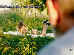 OLD4K. Lassie spits on rules and has sex with much older man in nature