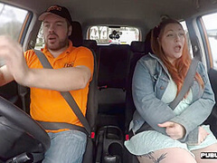 Redhead chubby public outdoor fucked in car by driving tutor