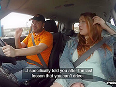 Redhead chubby public outdoor fucked in car by driving tutor