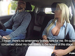 Busty driving student MILF public fucked outdoor in car