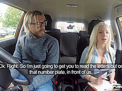 Busty driving student MILF public fucked outdoor in car