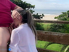 Outdoor sex in the bar stool on balcony, beach - anal ending