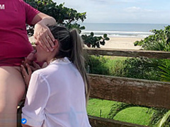 Outdoor sex in the bar stool on balcony, beach - anal ending