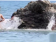 Naked teen nudist group out on beach naturists exercise undressed outdoors